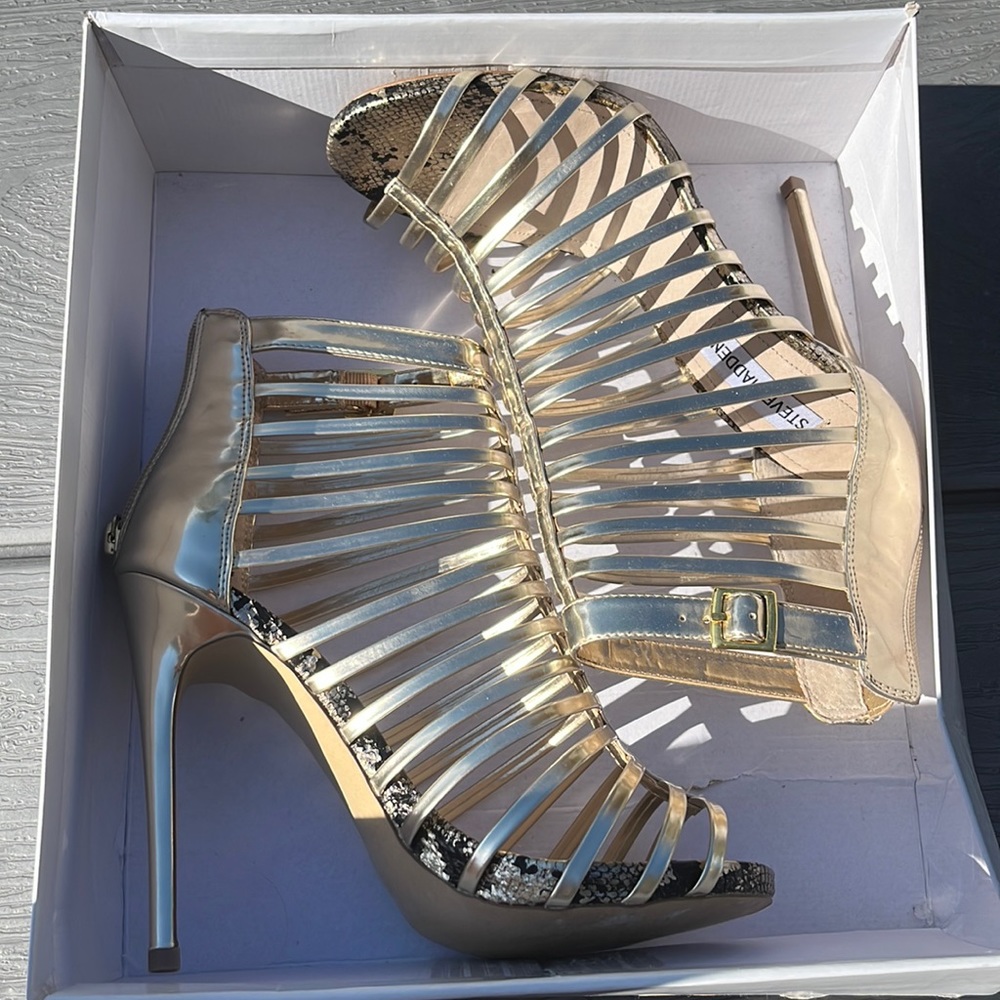 Steve Madden gold cage heels